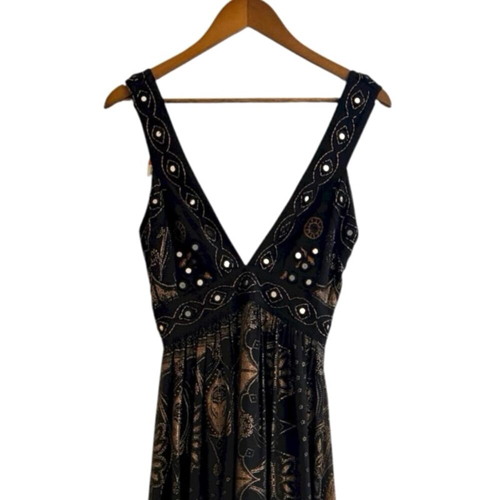 Free People Candela Embellished Mirror Maxi Dress Boho Festival Black Gold Sz 2 - Picture 4 of 11